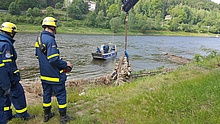 Mit dem Kran wird eine angespülte Wurzel aus der Elbe entfernt (Fotograf: THW Pirna)